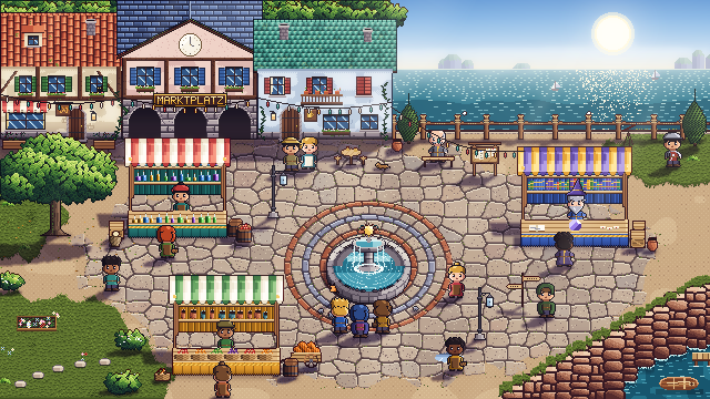 A sunlit market square seen from above: town houses with tiled roofs, striped stalls with merchants, a fountain where three adventurers stand, townsfolk, and a railing over the sea under the sun.