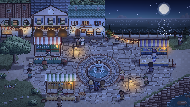 The same market square by night under a full moon, lit by lantern strings, street lamps and glowing windows.